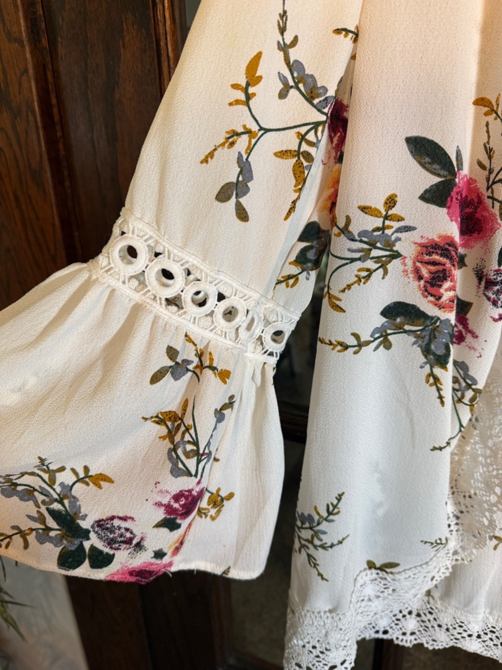 Ecowish Womens Floral Kimono Cardigan White Pink Lace Trim Bell Sleeve Large - Picture 4 of 5